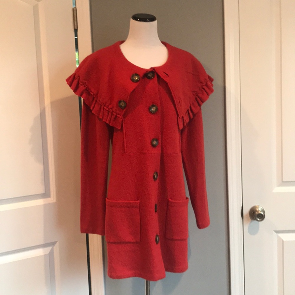Anthropologie Red Orange 100% Wool Coat Sz Large